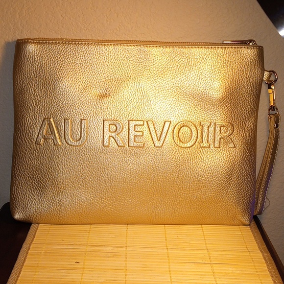 NWOT IMOSHION Bonjour Au Revoir Gold Vegan Leather Wristlet Purse Makeup Bag - Picture 2 of 10